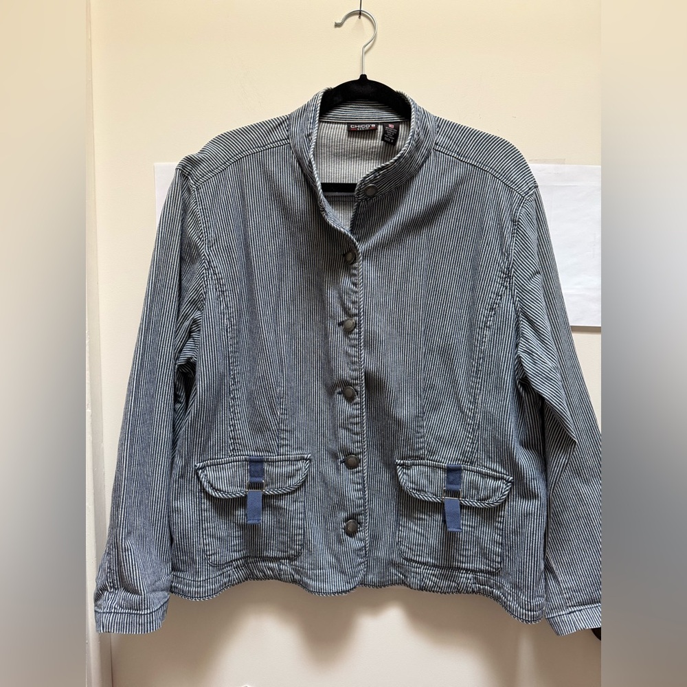 Chico's Denim Jacket with Blue  and White Stripes. Size 3 (L-XL)